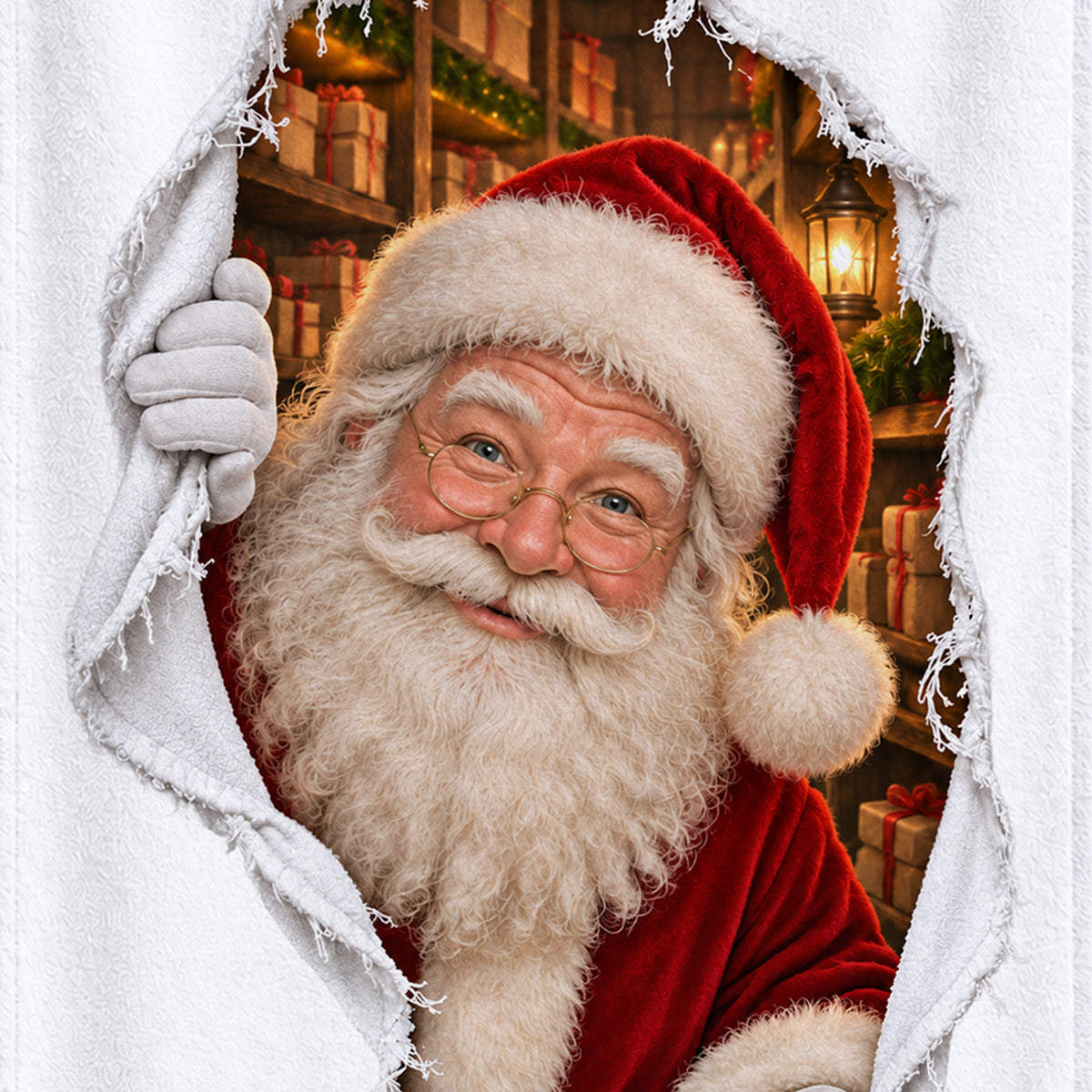 Weißes personalisiertes Handtuch mit Weihnachtsmann-Motiv im gedruckten Stoffriss-Design als Nahaufnahme des gedruckten Motivs auf weißem Stoff.