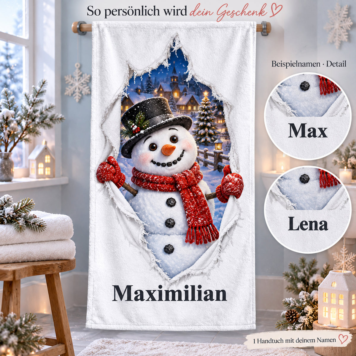 Weißes personalisiertes Handtuch mit Schneemann-Motiv im Stoffriss-Design und beschrifteten Namensbeispielen als Detailansichten.