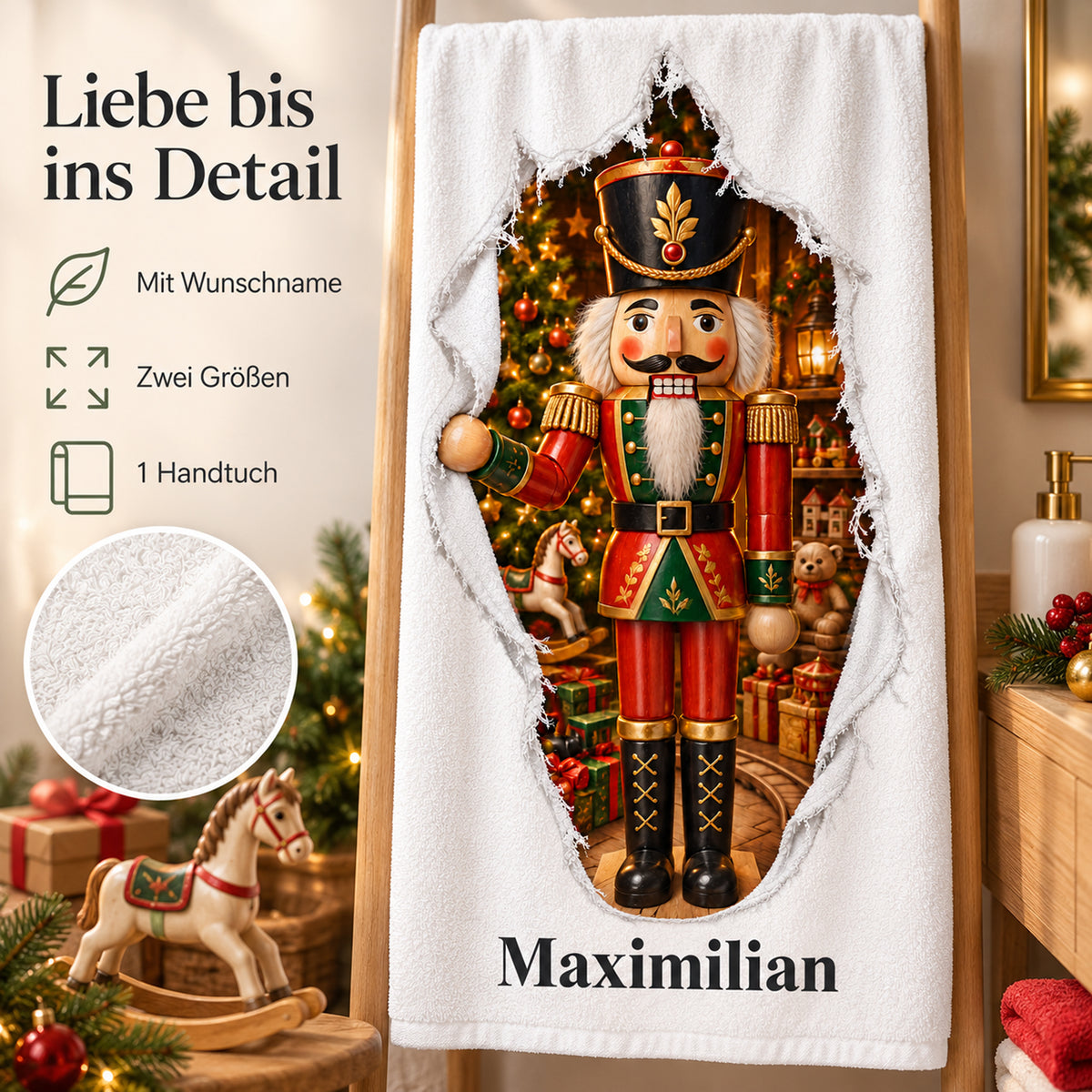 Weißes personalisiertes Handtuch mit Nussknacker-Spielzeugwelt-Motiv im gedruckten Stoffriss-Design mit einem Materialdetail und Hinweisen zu Wunschname, Größenwahl und Lieferumfang.