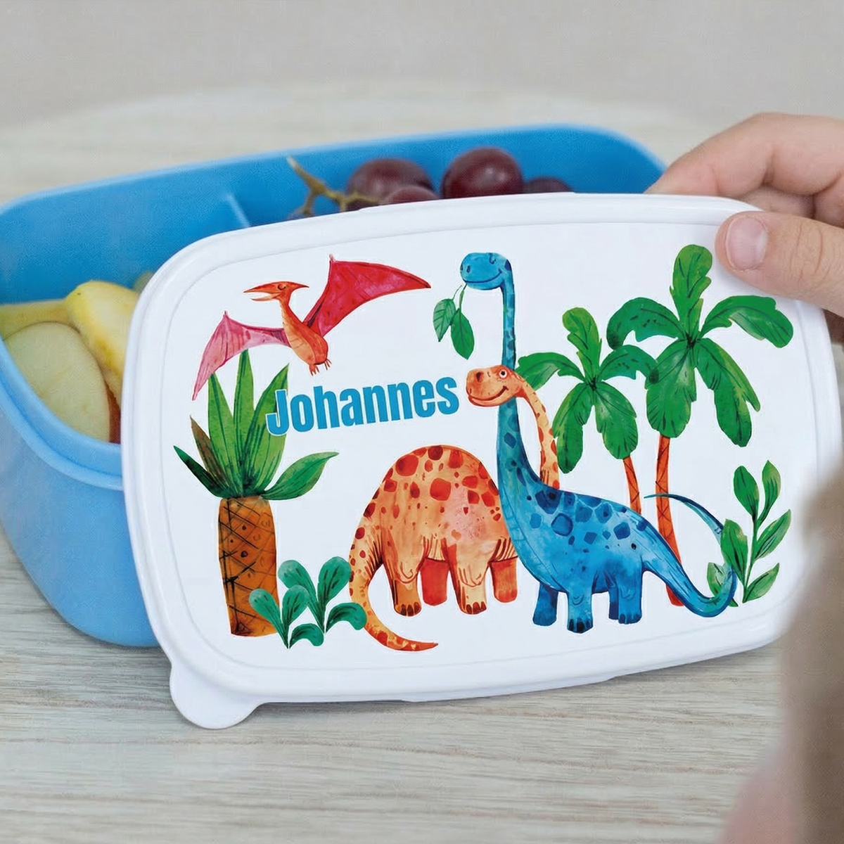Blaue Brotdose mit bunten Dinosauriern und Namen.