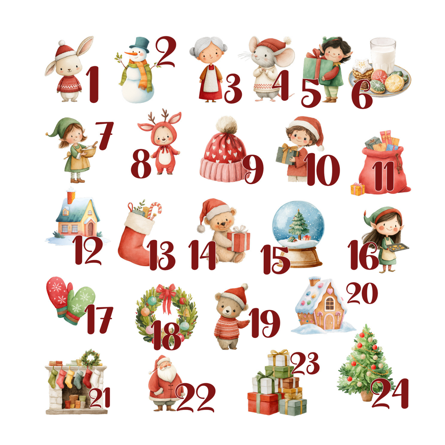 Adventskalender mit niedlichen Weihnachtsfiguren und bunten Details.