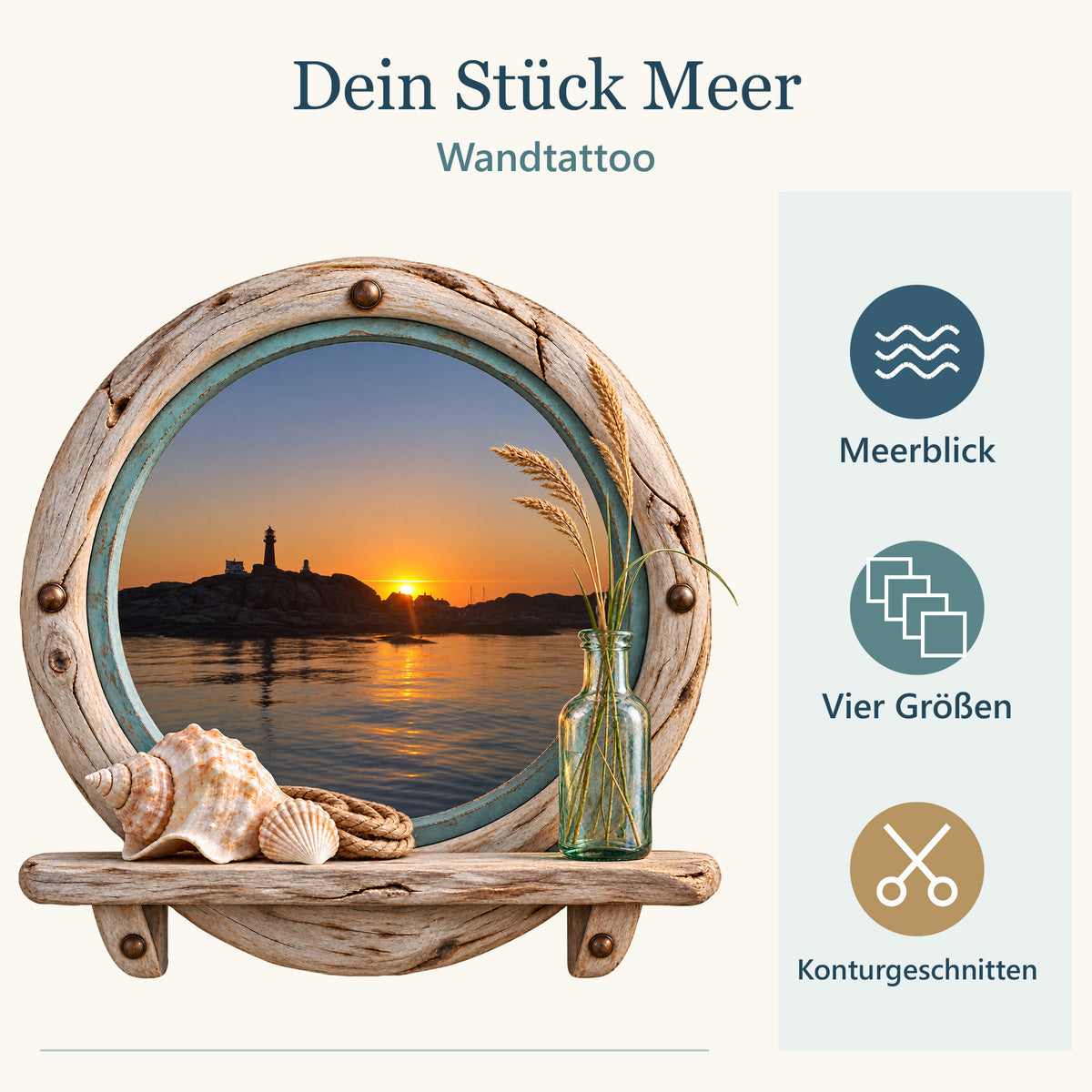 Bullaugen-Wandtattoo mit den Eigenschaften Meerblick, vier Größen und konturgeschnitten in Blau- und Sandtönen.