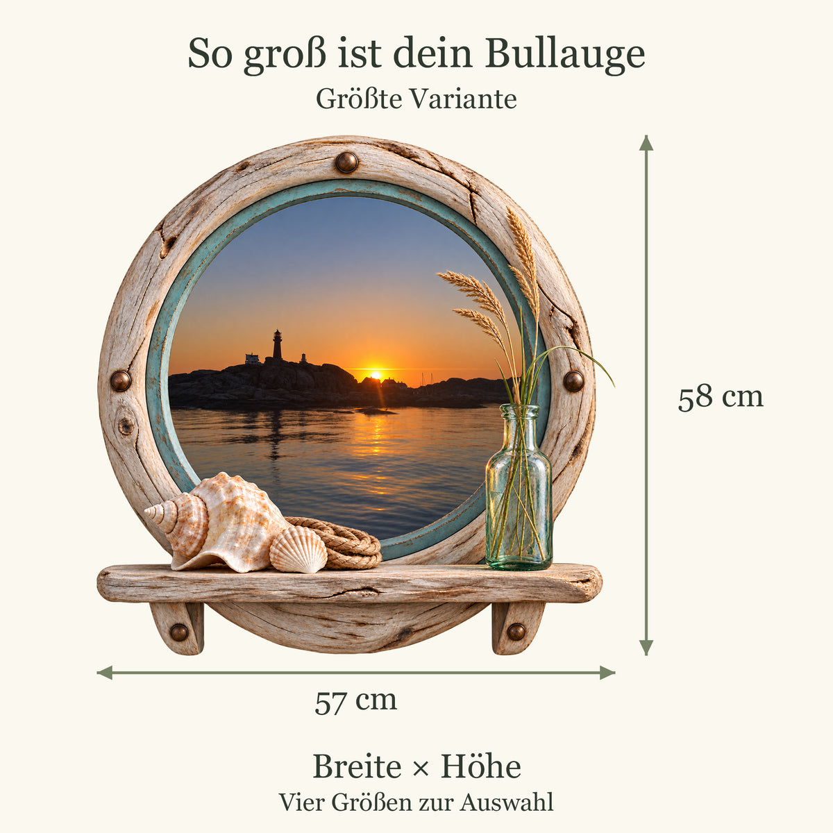 Größenübersicht des Bullaugen-Wandtattoos Leuchtturm: 30 × 31 cm / 40 × 41 cm / 50 × 51 cm / 57 × 58 cm, jeweils Breite × Höhe.