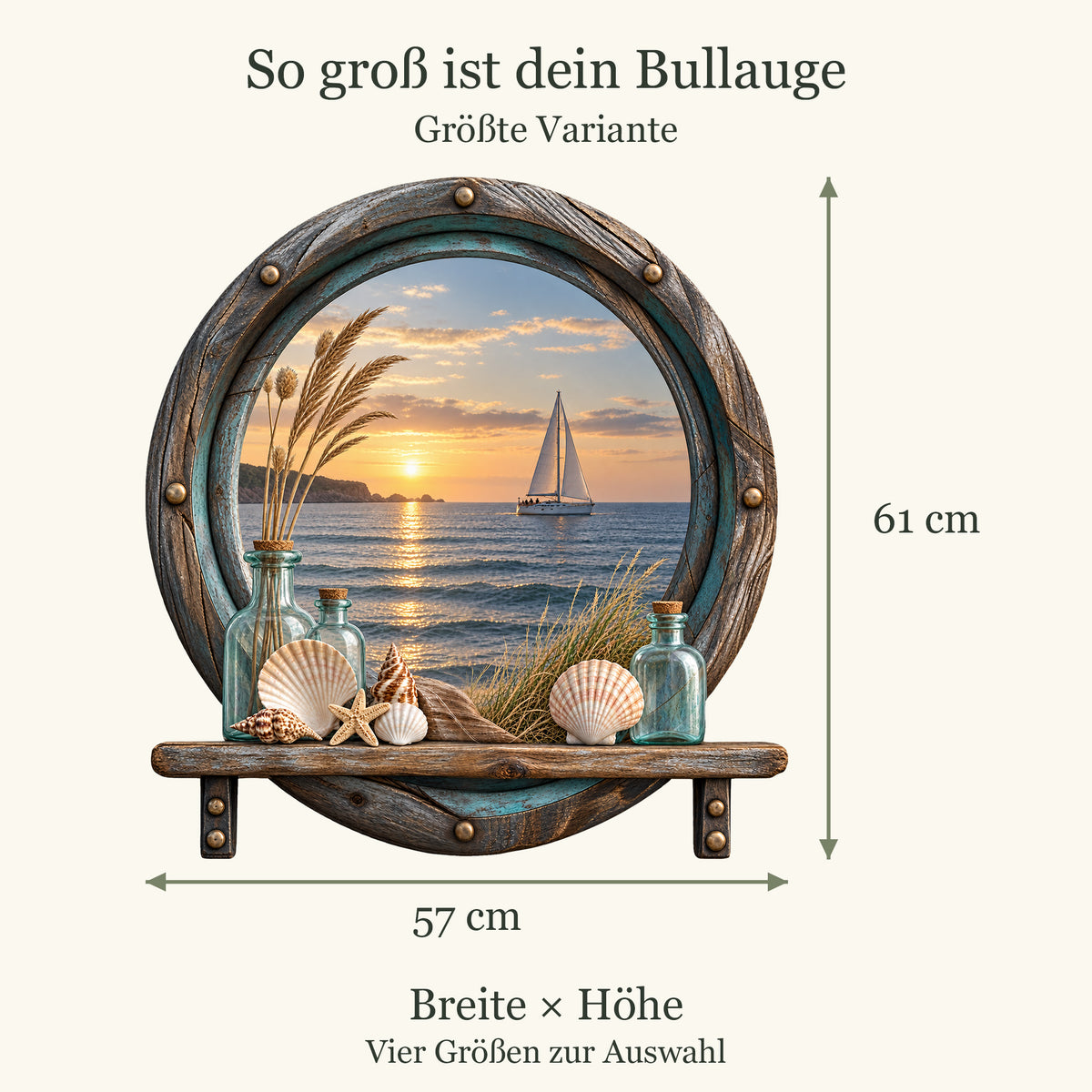 Größenübersicht des Bullaugen-Wandtattoos Segelboot: 30 × 32 cm / 40 × 43 cm / 50 × 54 cm / 57 × 61 cm, jeweils Breite × Höhe.