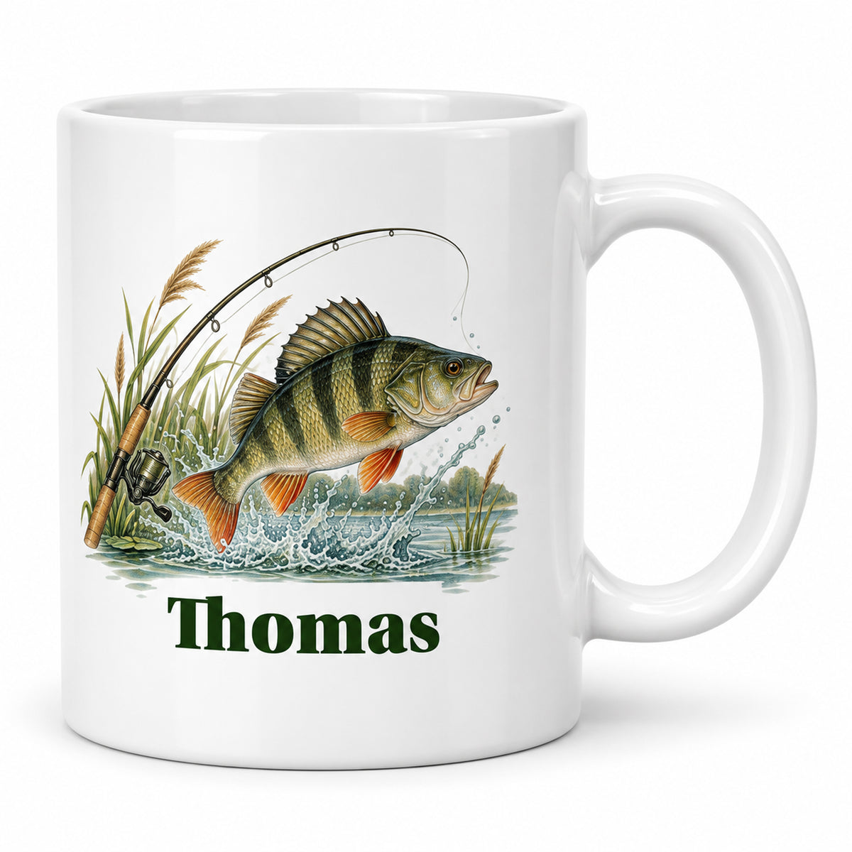 Angler-Tasse mit Namen – Petri Heil – Motivseite mit Beispielname Thomas