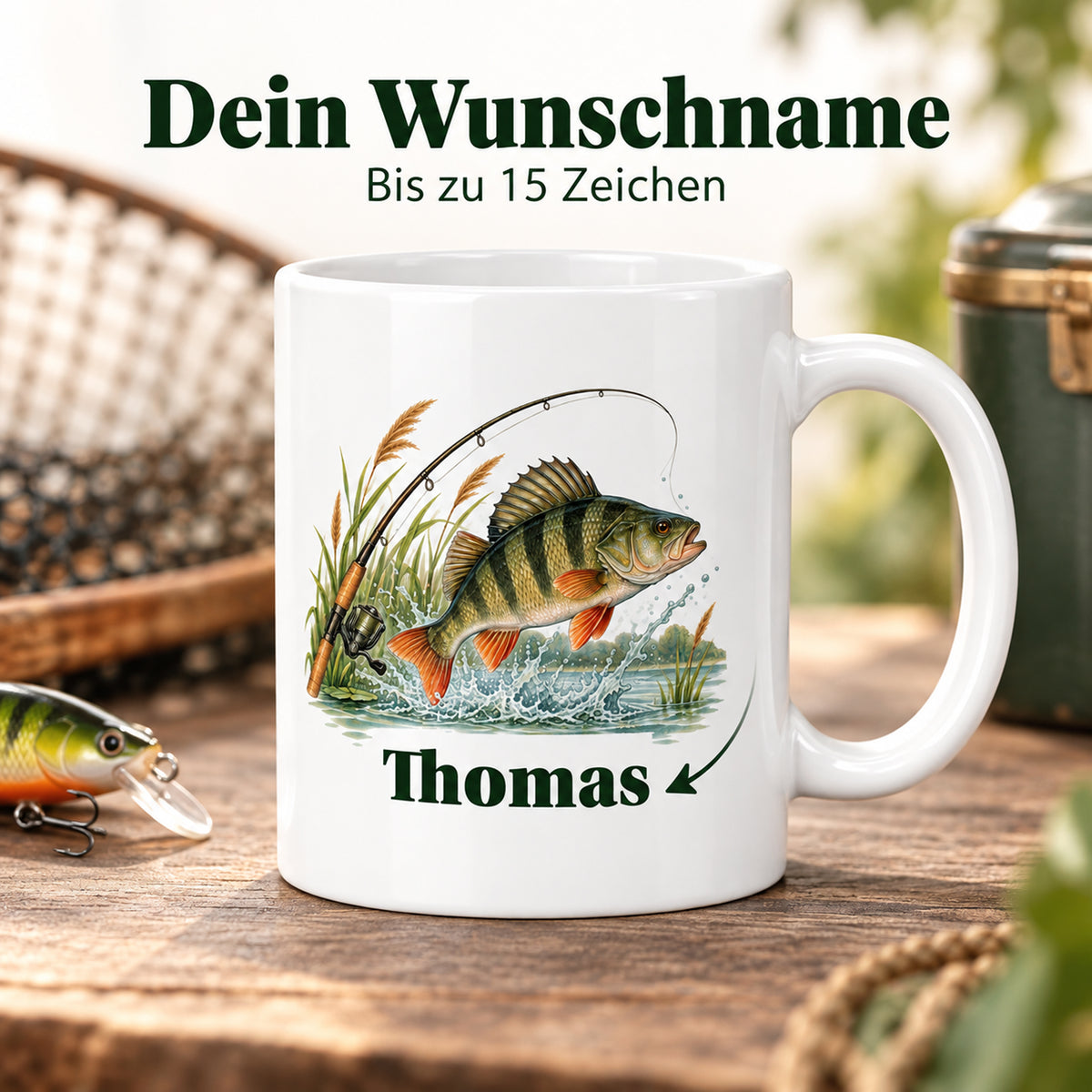 Angler-Tasse mit Namen – Petri Heil – Personalisierung mit Wunschname bis zu 15 Zeichen