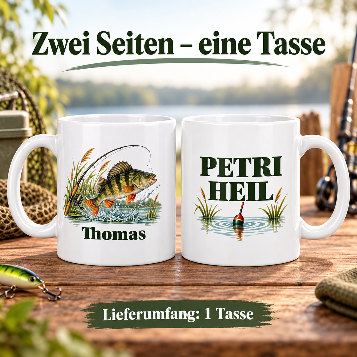 Angler-Tasse mit Namen – Petri Heil – Zwei Seiten – Lieferumfang eine Tasse