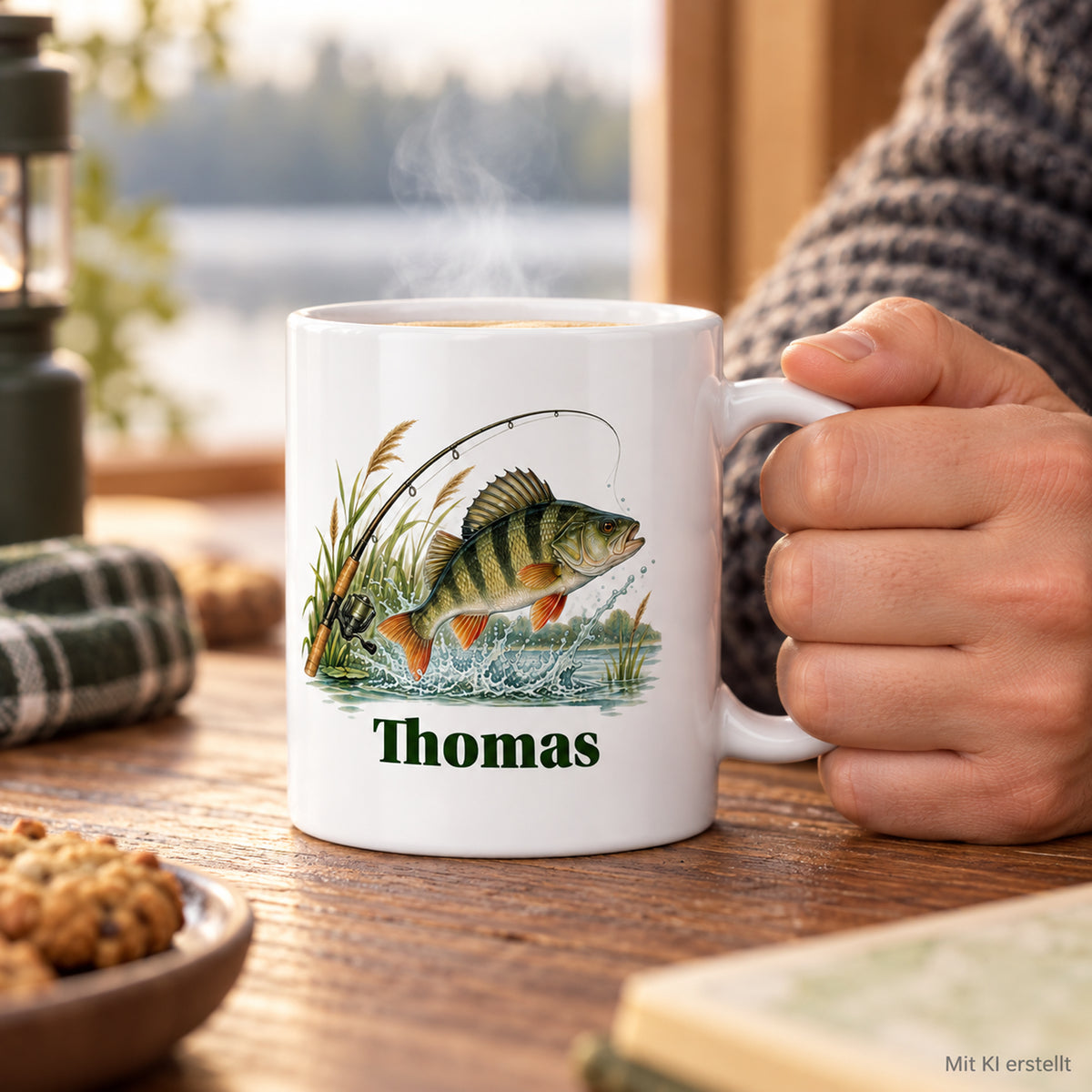 Angler-Tasse mit Namen – Petri Heil – Größenvergleich in der Hand – Mit KI erstellt