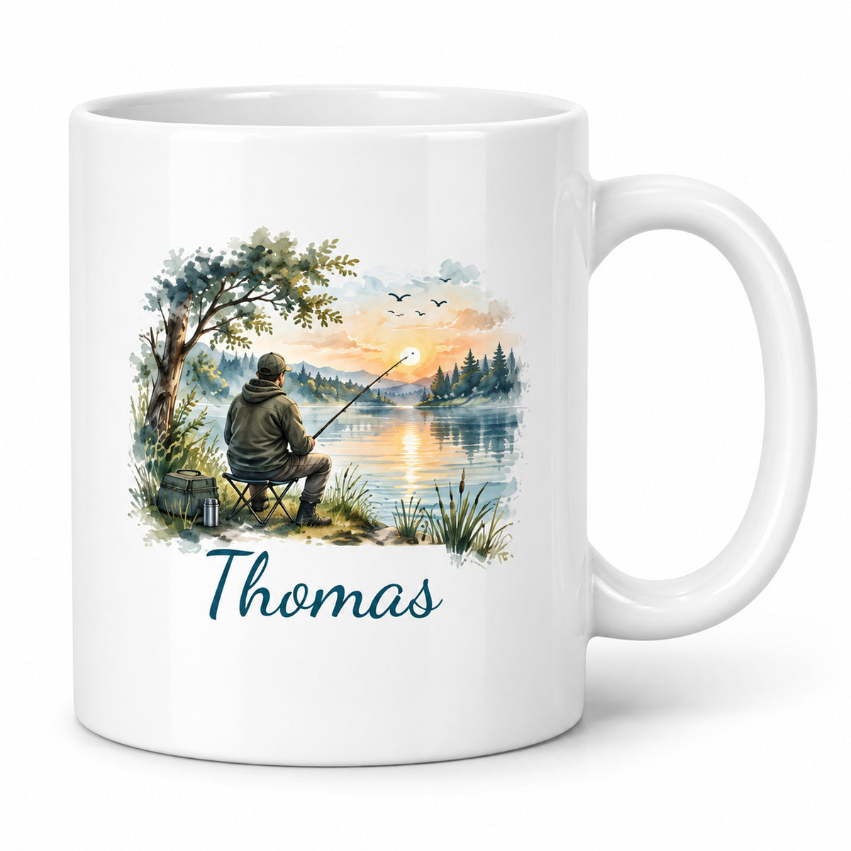 Angler-Tasse mit Namen – Mein Lieblingsplatz ist am Wasser – Motivseite mit Beispielname Thomas