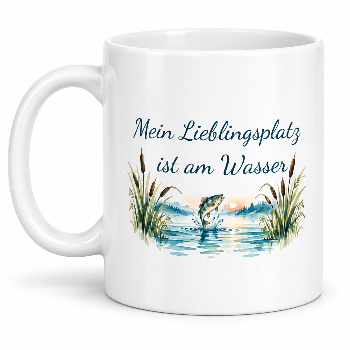 Angler-Tasse mit Namen – Mein Lieblingsplatz ist am Wasser – Spruchseite