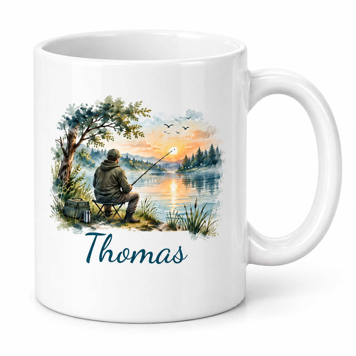 Angler-Tasse mit Namen – Mein Lieblingsplatz ist am Wasser – Dreiviertelansicht