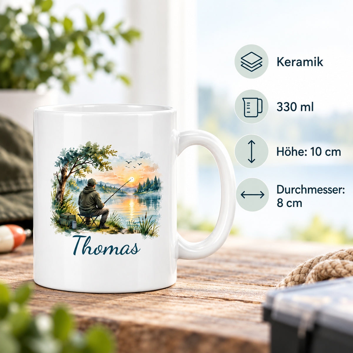 Angler-Tasse mit Namen – Mein Lieblingsplatz ist am Wasser – Produktdetails