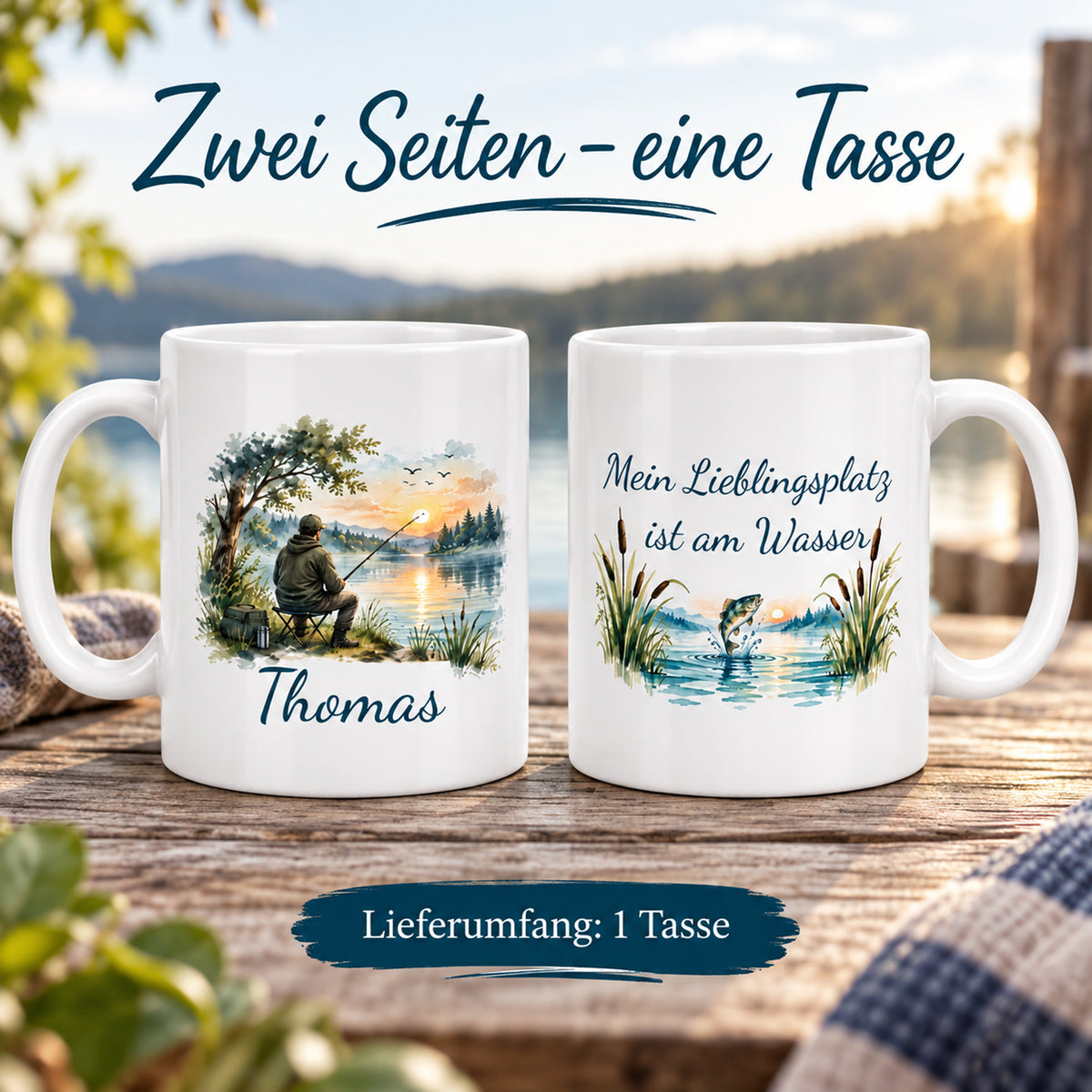 Angler-Tasse mit Namen – Mein Lieblingsplatz ist am Wasser – Zwei Seiten – Lieferumfang eine Tasse