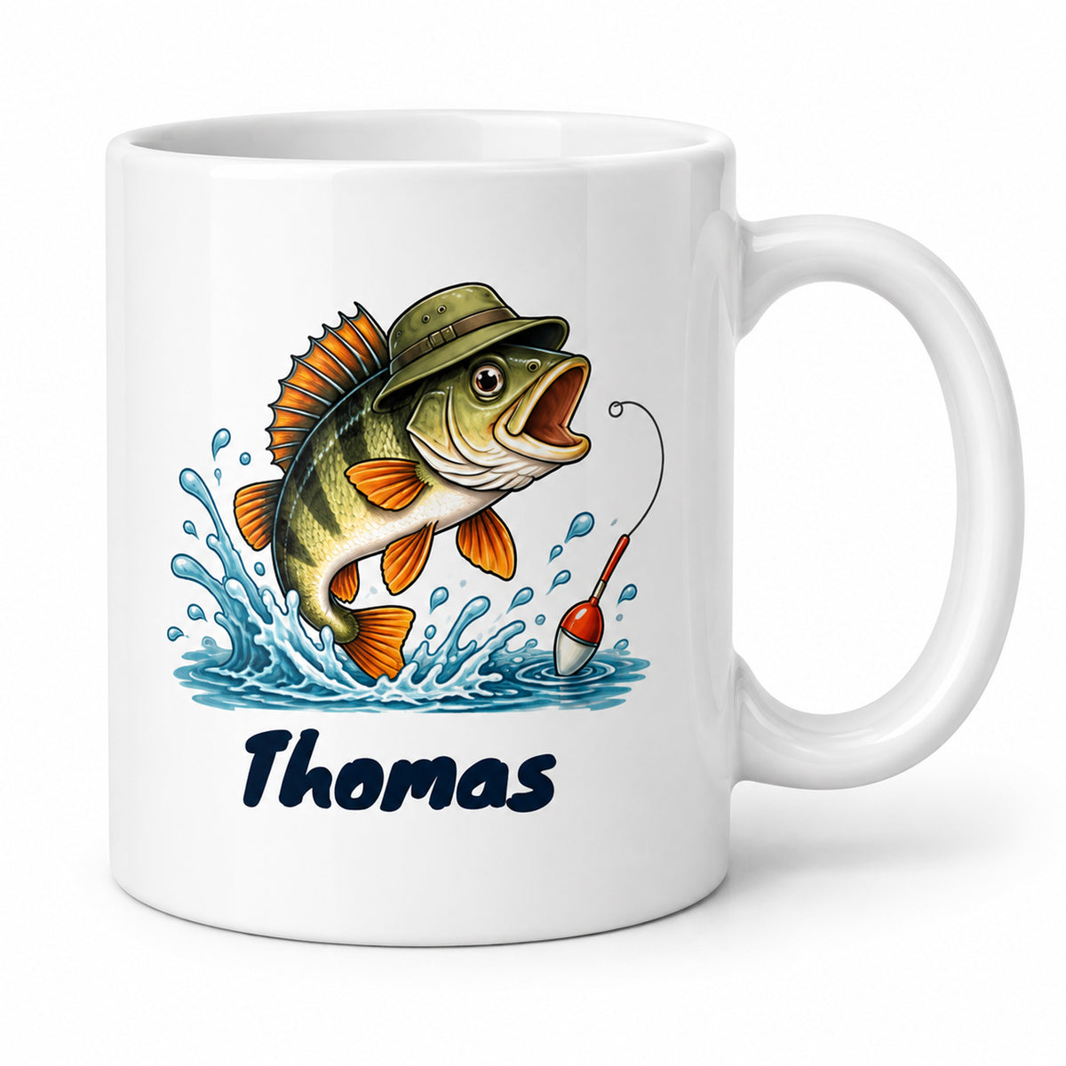 Angler-Tasse mit Namen – Bin angeln. Probleme bitte später. – Motivseite mit Beispielname Thomas