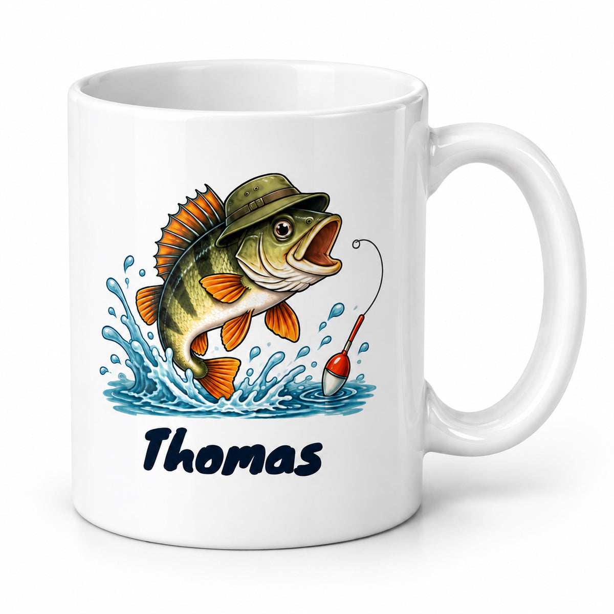 Angler-Tasse mit Namen – Bin angeln. Probleme bitte später. – Dreiviertelansicht