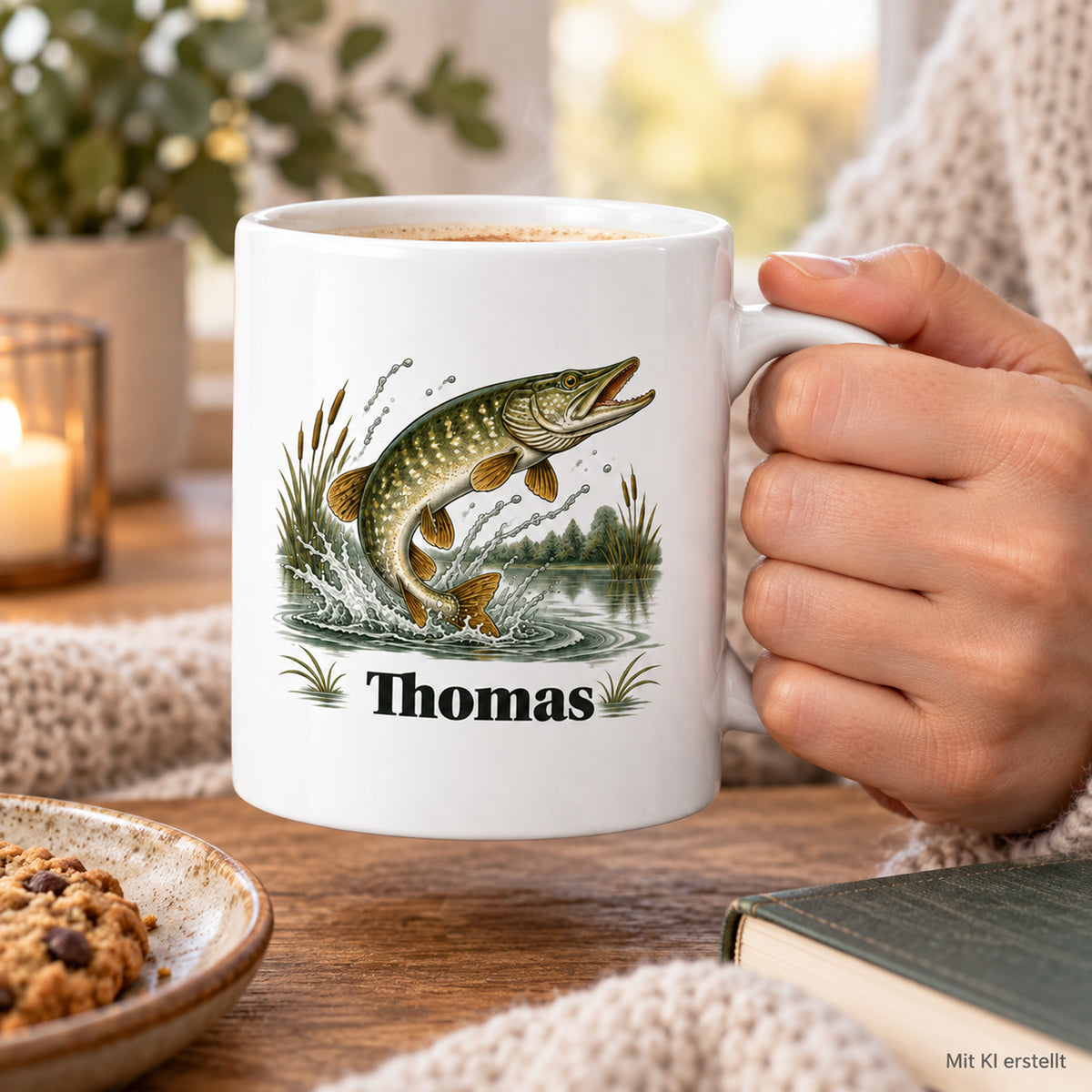 Angler-Tasse mit Namen – Hecht gehabt! – Größenvergleich in der Hand – Mit KI erstellt