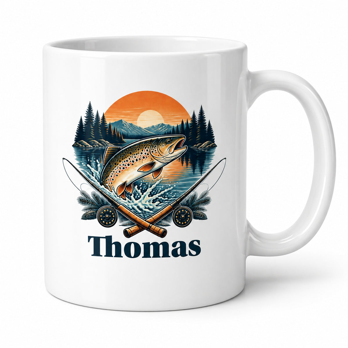 Angler-Tasse mit Namen – Angeln. Abschalten. Glücklich sein. – Motivseite mit Beispielname Thomas