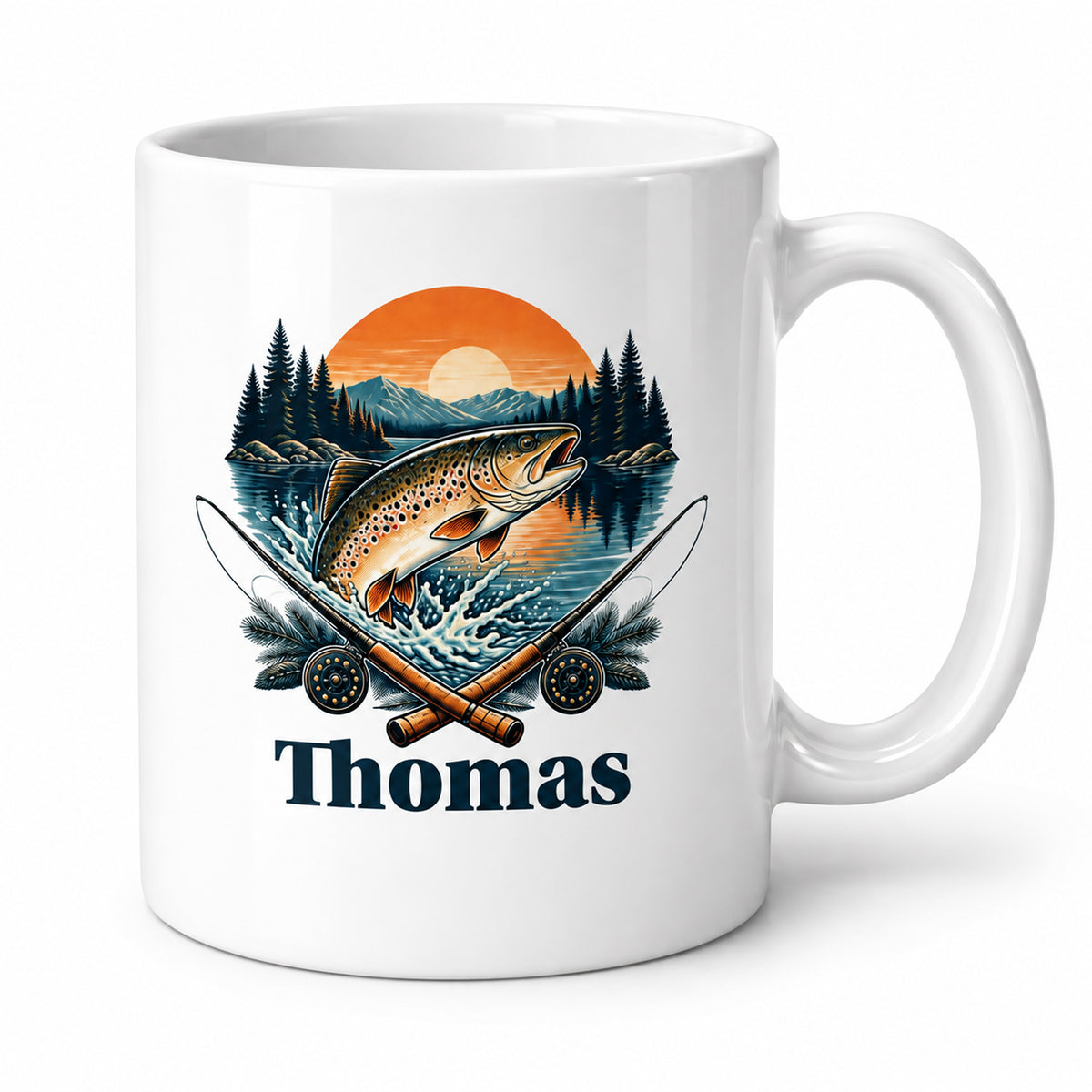Angler-Tasse mit Namen – Angeln. Abschalten. Glücklich sein. – Dreiviertelansicht