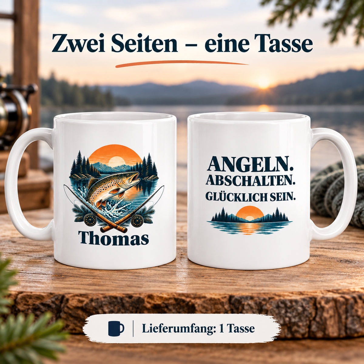 Angler-Tasse mit Namen – Angeln. Abschalten. Glücklich sein. – Zwei Seiten – Lieferumfang eine Tasse