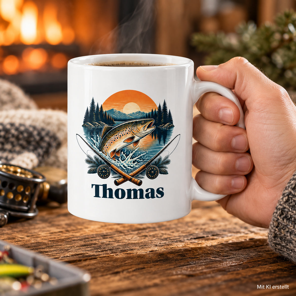 Angler-Tasse mit Namen – Angeln. Abschalten. Glücklich sein. – Größenvergleich in der Hand – Mit KI erstellt