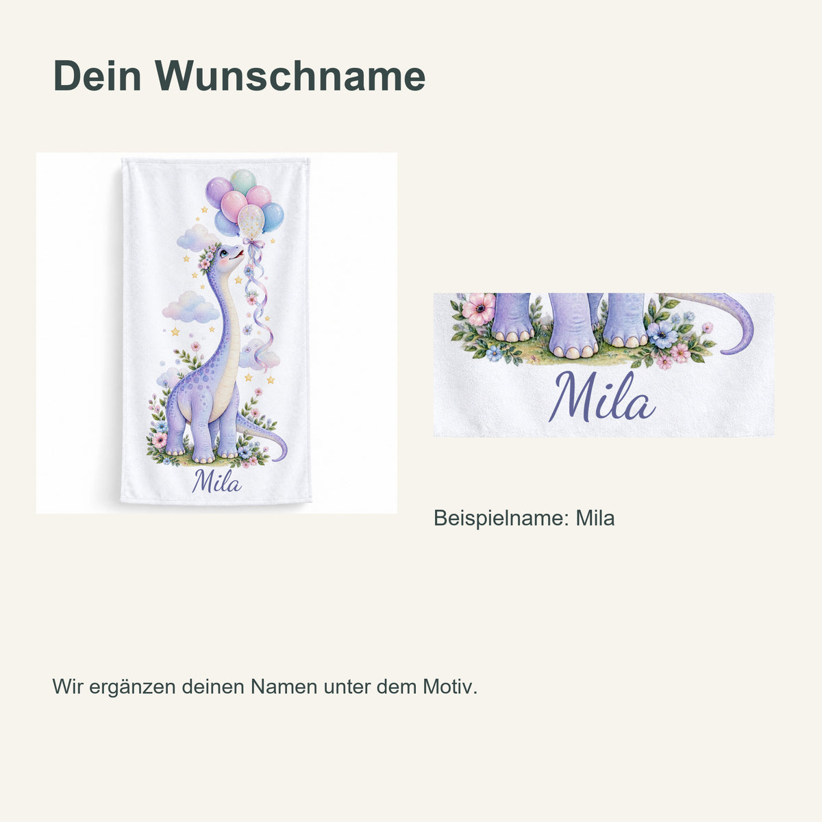 Personalisiertes Dinosaurier-Handtuch Langhals mit Ballons – personalisierung