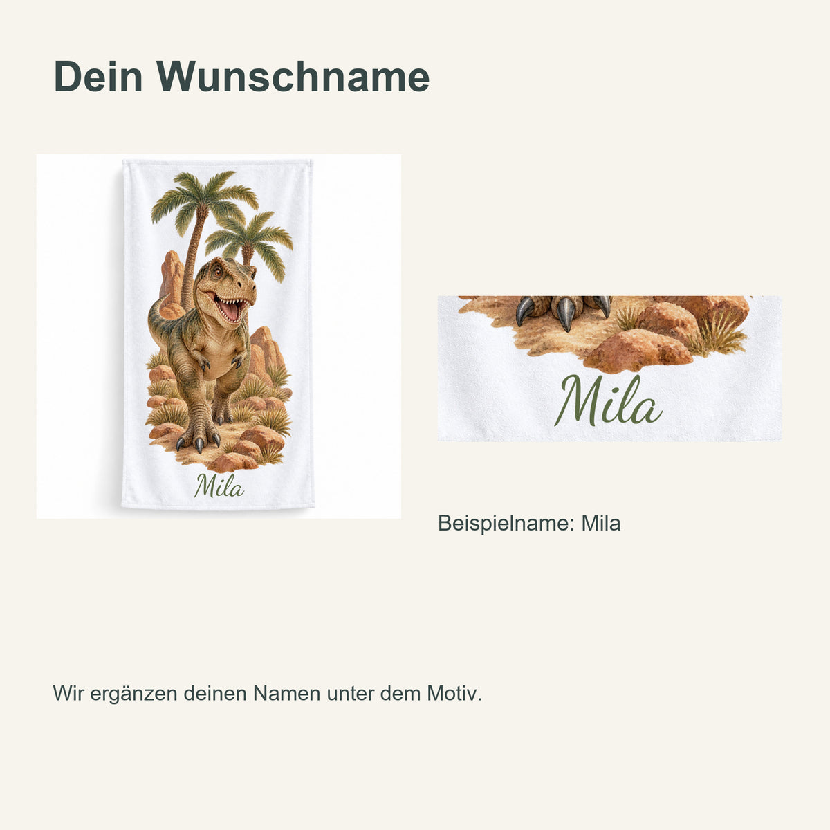 Personalisiertes Dinosaurier-Handtuch T-Rex in der Savanne – personalisierung