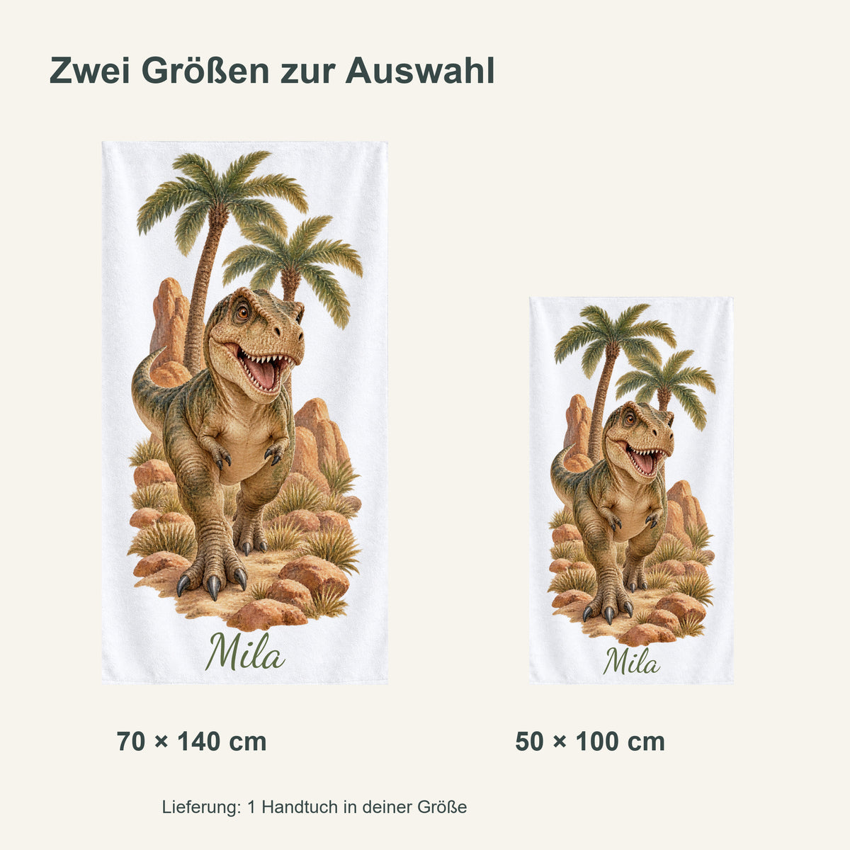 Personalisiertes Dinosaurier-Handtuch T-Rex in der Savanne – groessenvergleich