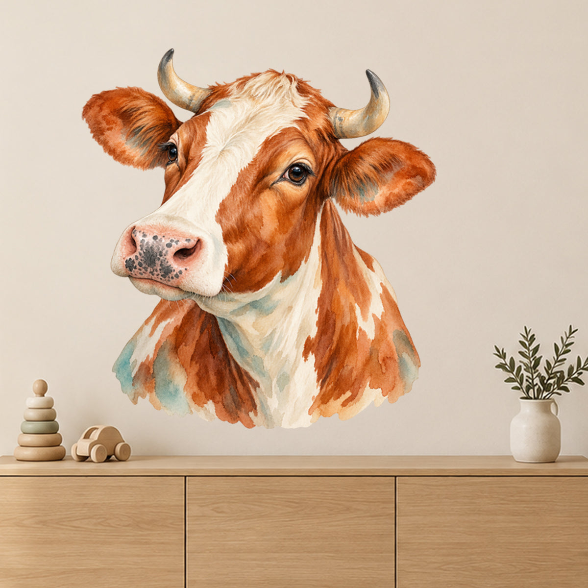 Wandtattoo Kuh in Aquarell – Kupferkuh – Platzierungsbeispiel