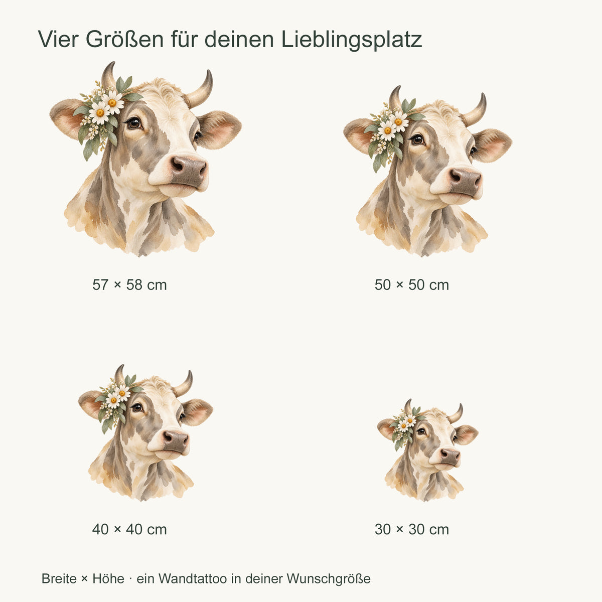 Wandtattoo Kuh in Aquarell – Blütenkuh – Vier Größen im Vergleich