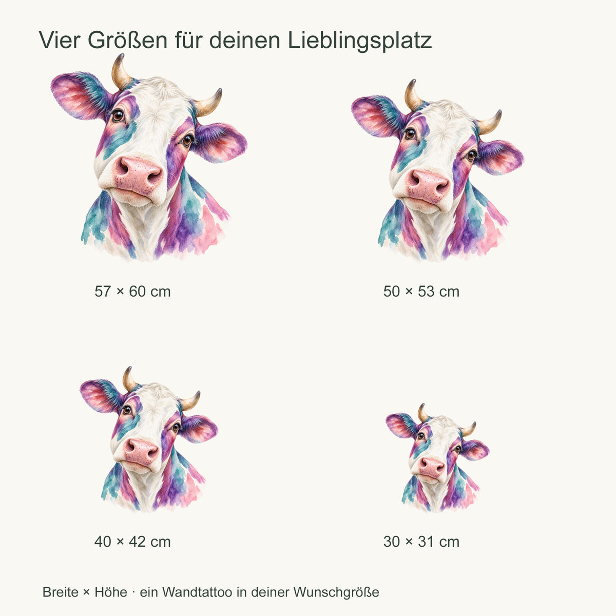 Wandtattoo Kuh in Aquarell – Bunte Kuh – Vier Größen im Vergleich
