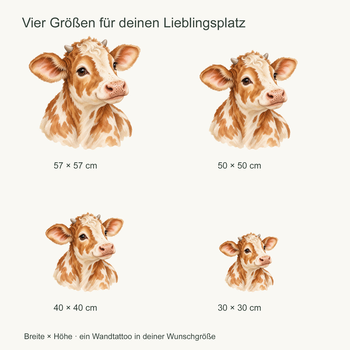 Wandtattoo Kuh in Aquarell – Fleckenkälbchen – Vier Größen im Vergleich