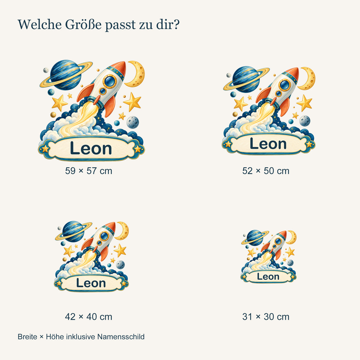 Personalisiertes Wandtattoo Weltall Sternenstart – Vergleich der vier Größen