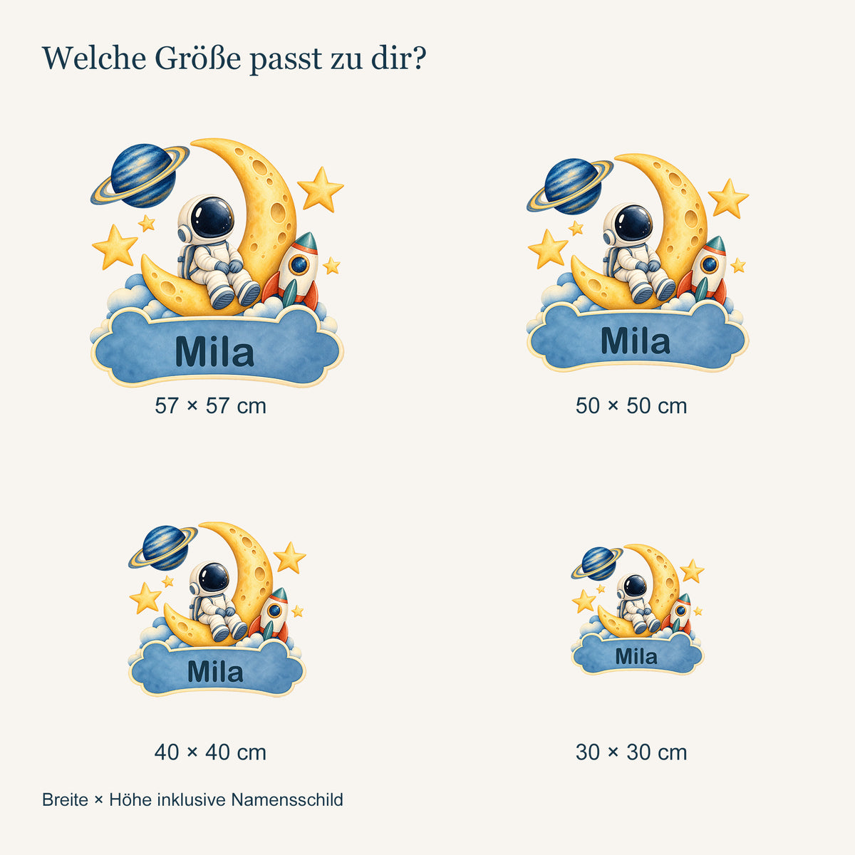 Personalisiertes Wandtattoo Weltall Mondmission – Vergleich der vier Größen