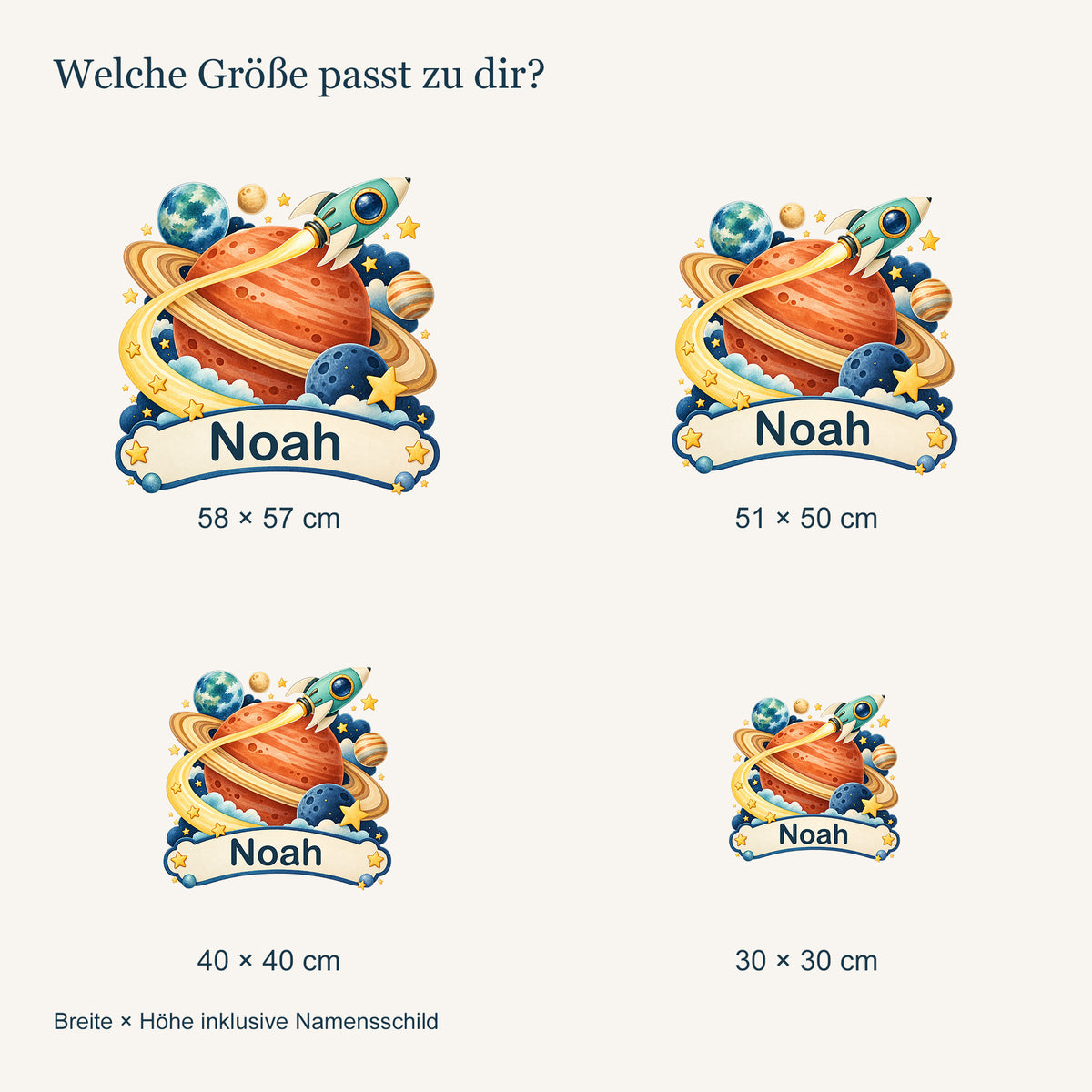 Personalisiertes Wandtattoo Weltall Planetenreise – Vergleich der vier Größen