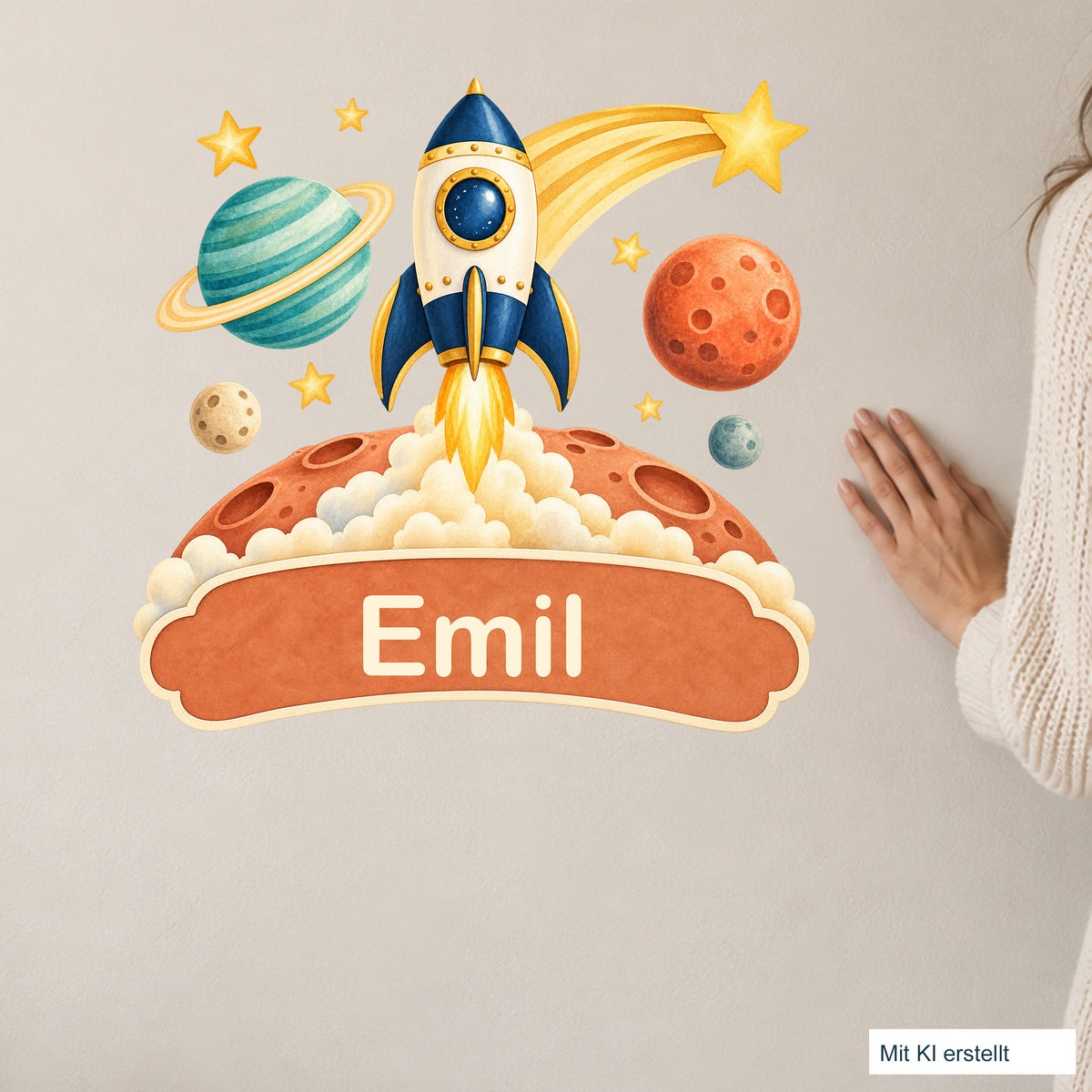 Personalisiertes Wandtattoo Weltall Sternenabenteuer – Wohnszene mit Person