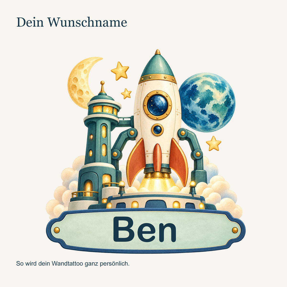 Personalisiertes Wandtattoo Weltall Raketenbasis – Personalisierung mit Wunschname