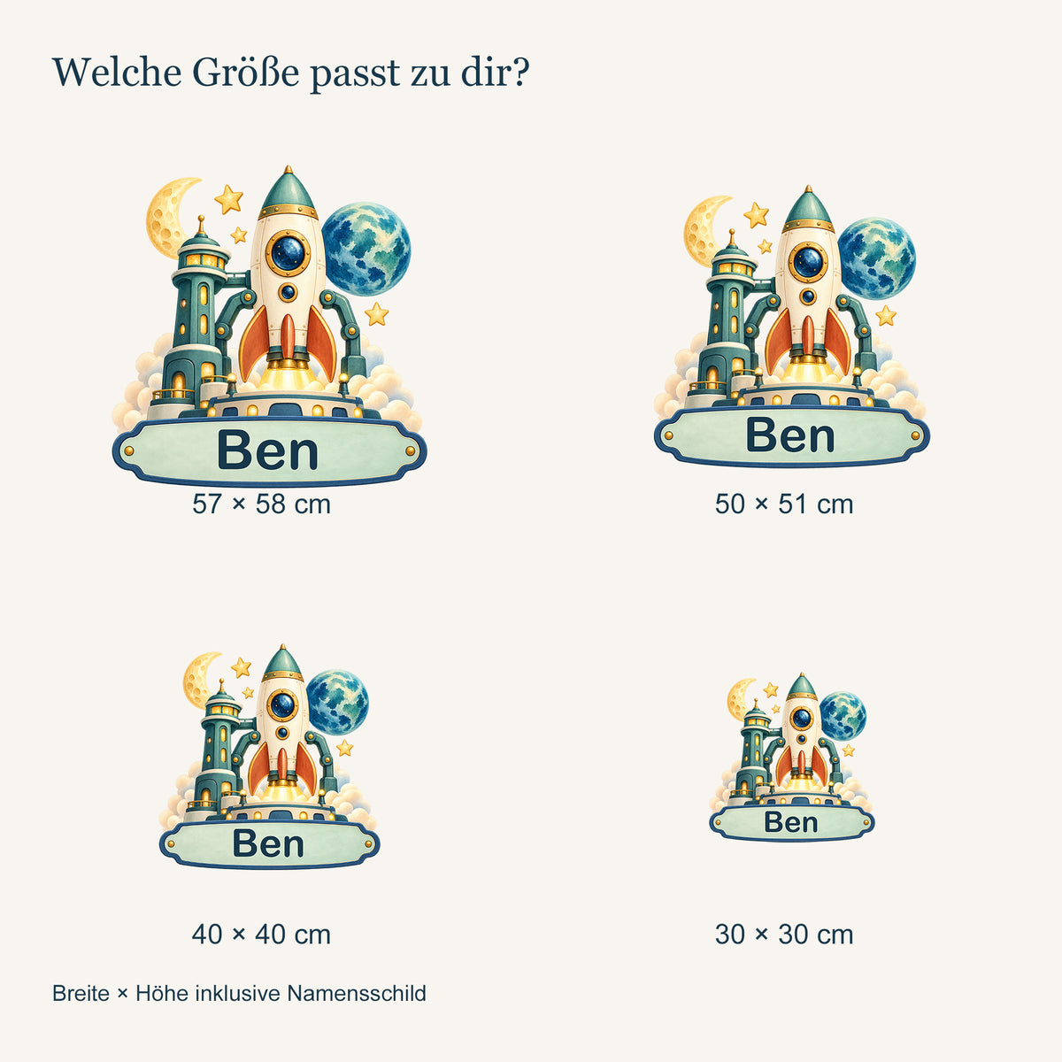Personalisiertes Wandtattoo Weltall Raketenbasis – Vergleich der vier Größen