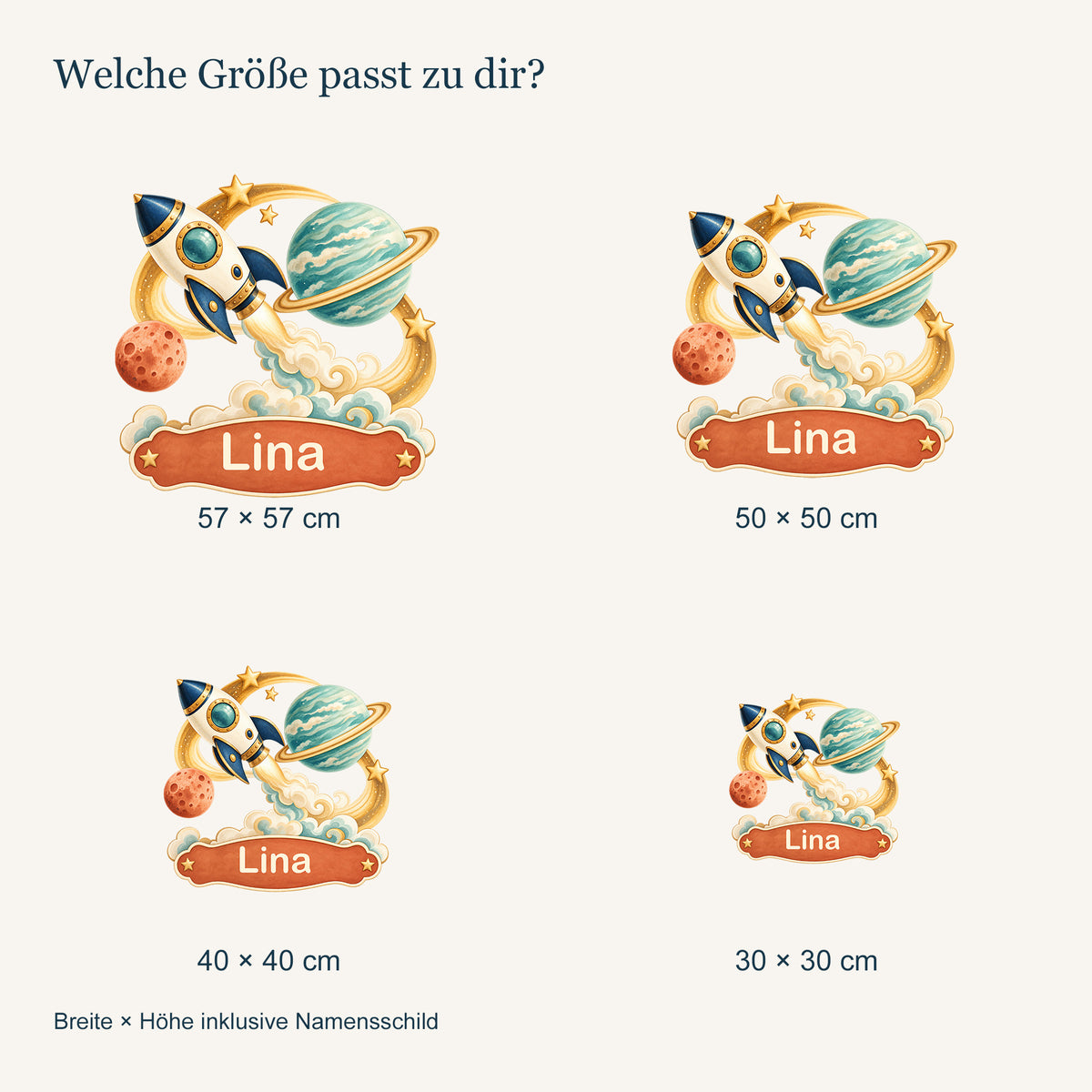 Personalisiertes Wandtattoo Weltall Kometenflug – Vergleich der vier Größen
