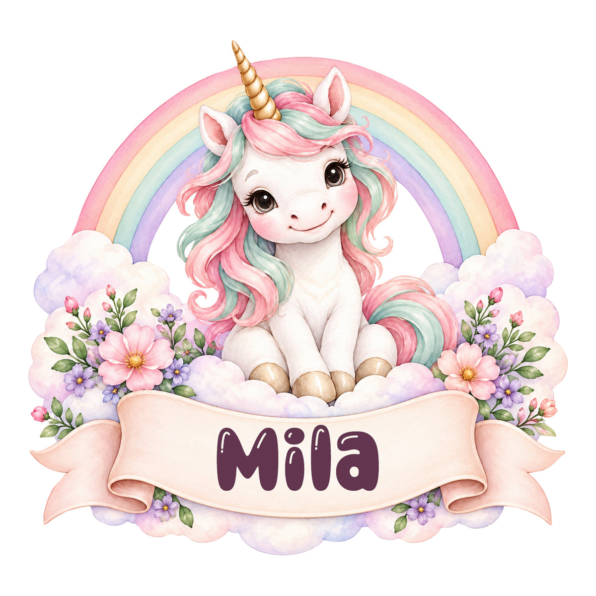 Personalisiertes Einhorn-Wandtattoo Regenbogenzauber mit Beispielname Mila: vollständiges Motiv auf hellem Hintergrund.