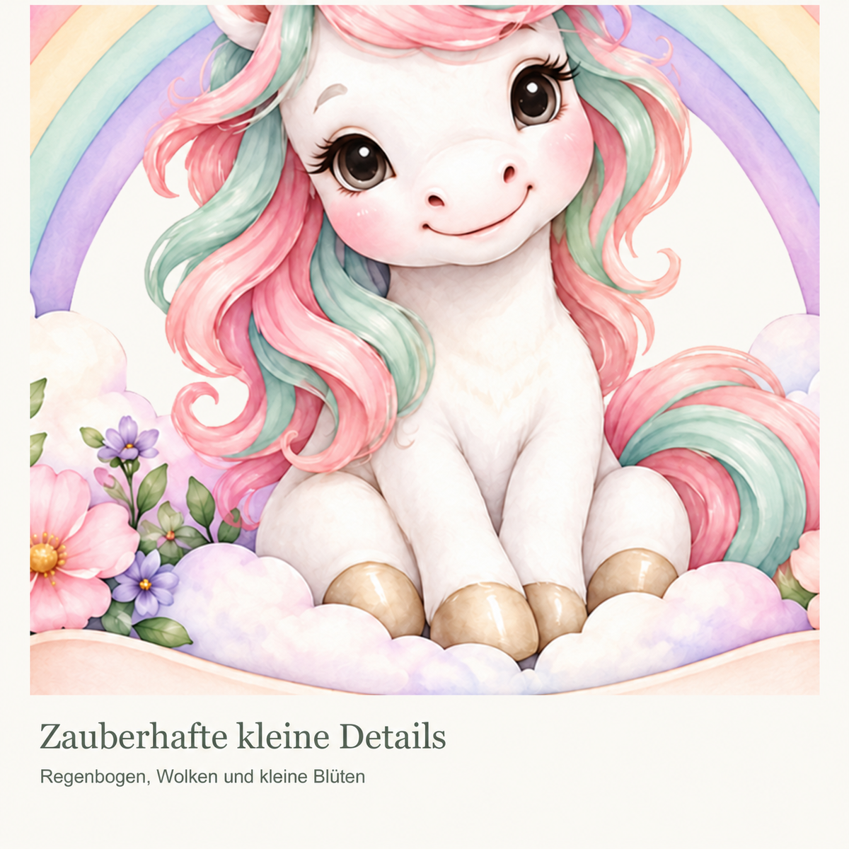 Personalisiertes Einhorn-Wandtattoo Regenbogenzauber mit Beispielname Mila: Nahaufnahme der Einhornillustration.