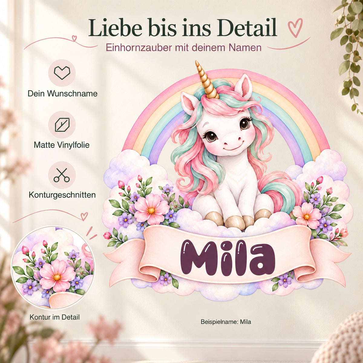 Personalisiertes Einhorn-Wandtattoo Regenbogenzauber mit Beispielname Mila: Produktdetails mit Wunschname, feinen Symbolen und Konturdetail.