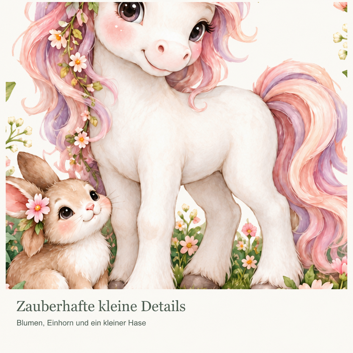 Personalisiertes Einhorn-Wandtattoo Blumenwiese mit Beispielname Emma: Nahaufnahme der Einhornillustration.