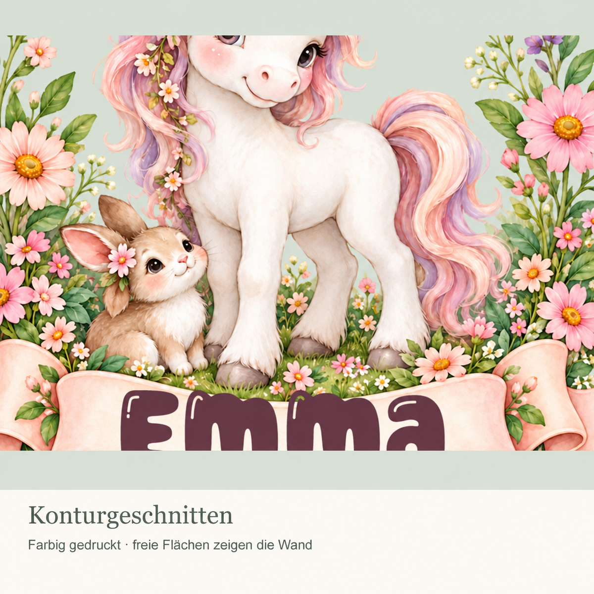 Personalisiertes Einhorn-Wandtattoo Blumenwiese mit Beispielname Emma: Konturdetails mit ausgeschnittenen Freiflächen.