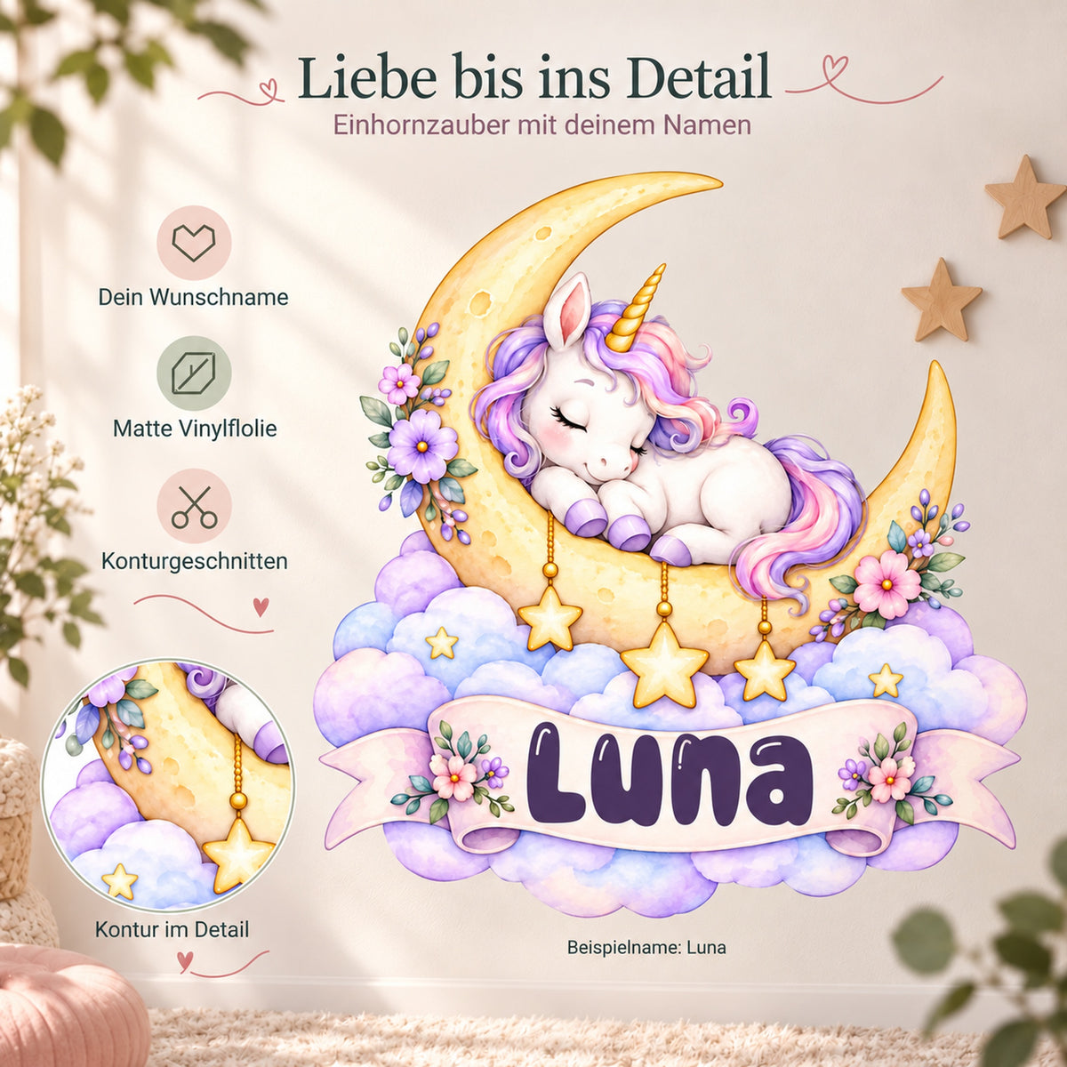Personalisiertes Einhorn-Wandtattoo Mondträumchen mit Beispielname Luna: Produktdetails mit Wunschname, feinen Symbolen und Konturdetail.
