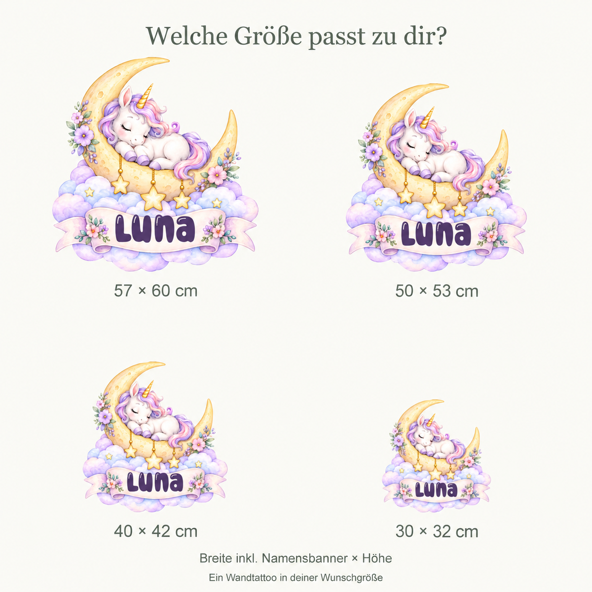 Personalisiertes Einhorn-Wandtattoo Mondträumchen mit Beispielname Luna: vier Größen im proportionalen Vergleich.