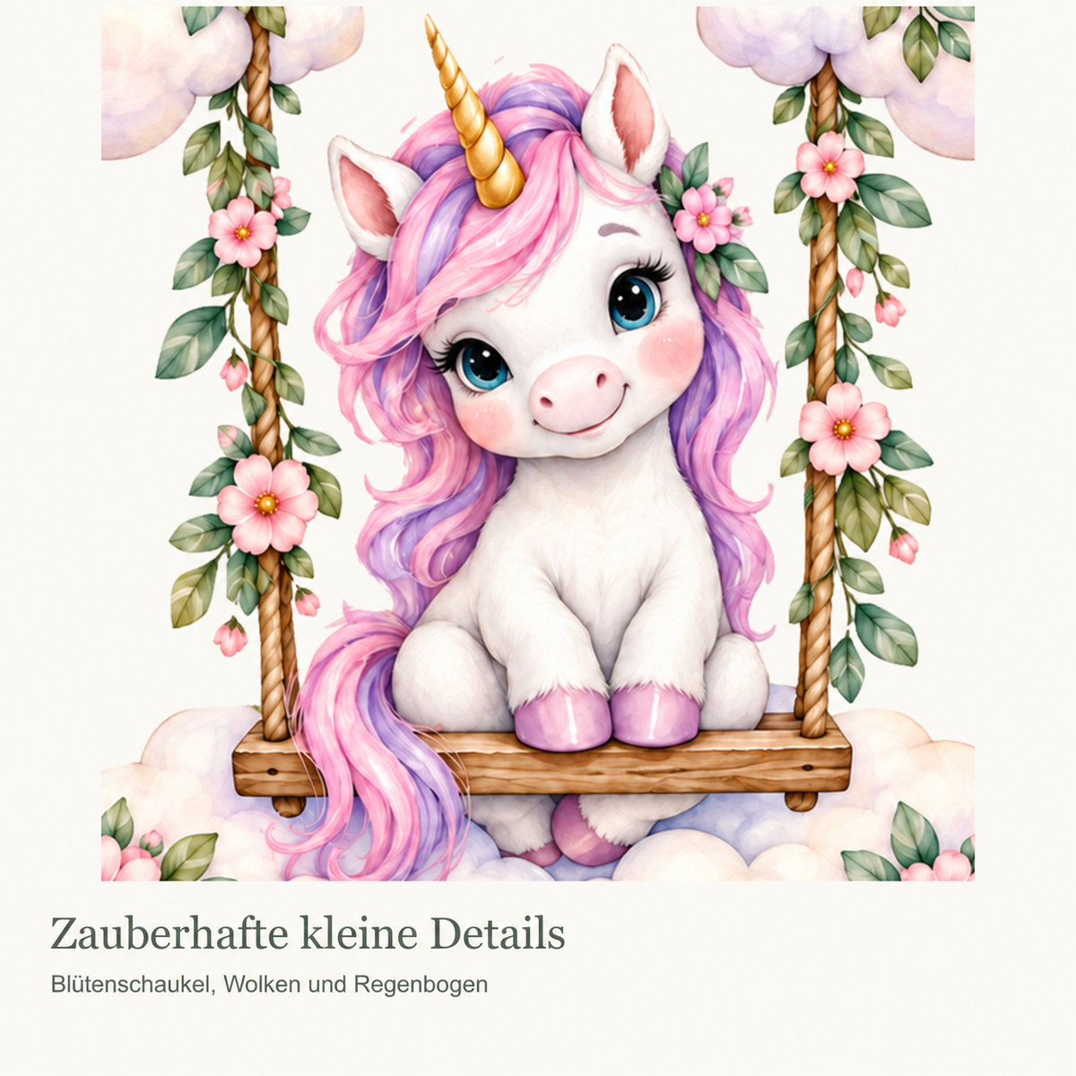 Personalisiertes Einhorn-Wandtattoo Wolkenschaukel mit Beispielname Leni: Nahaufnahme der Einhornillustration.