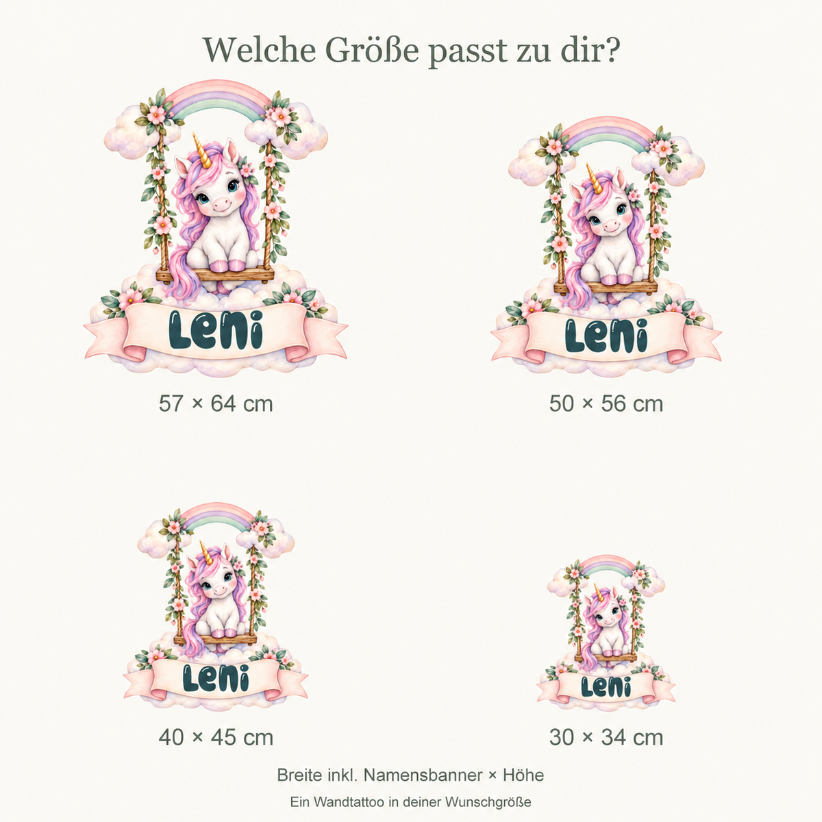 Personalisiertes Einhorn-Wandtattoo Wolkenschaukel mit Beispielname Leni: vier Größen im proportionalen Vergleich.