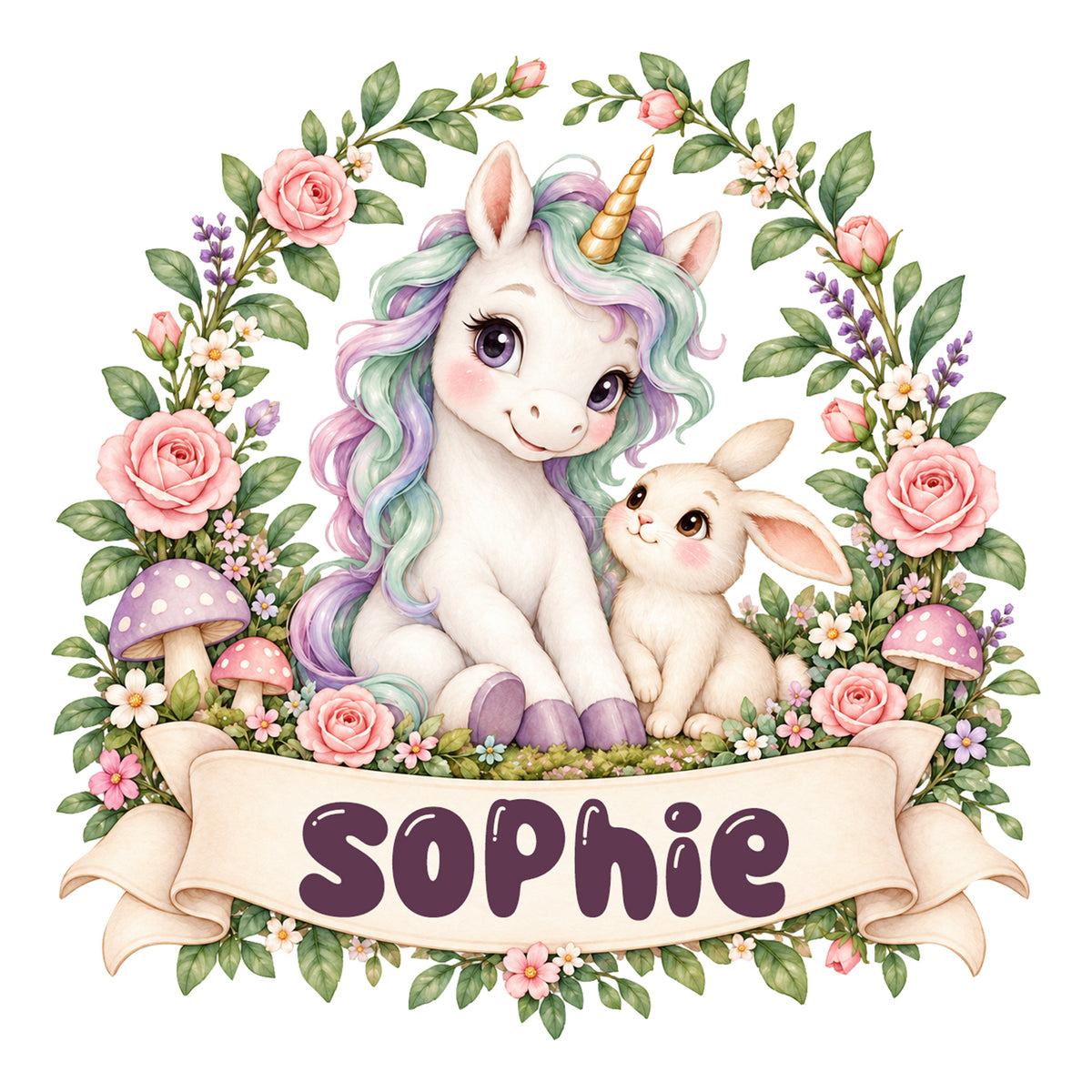 Personalisiertes Einhorn-Wandtattoo Zaubergarten mit Beispielname Sophie: vollständiges Motiv auf hellem Hintergrund.