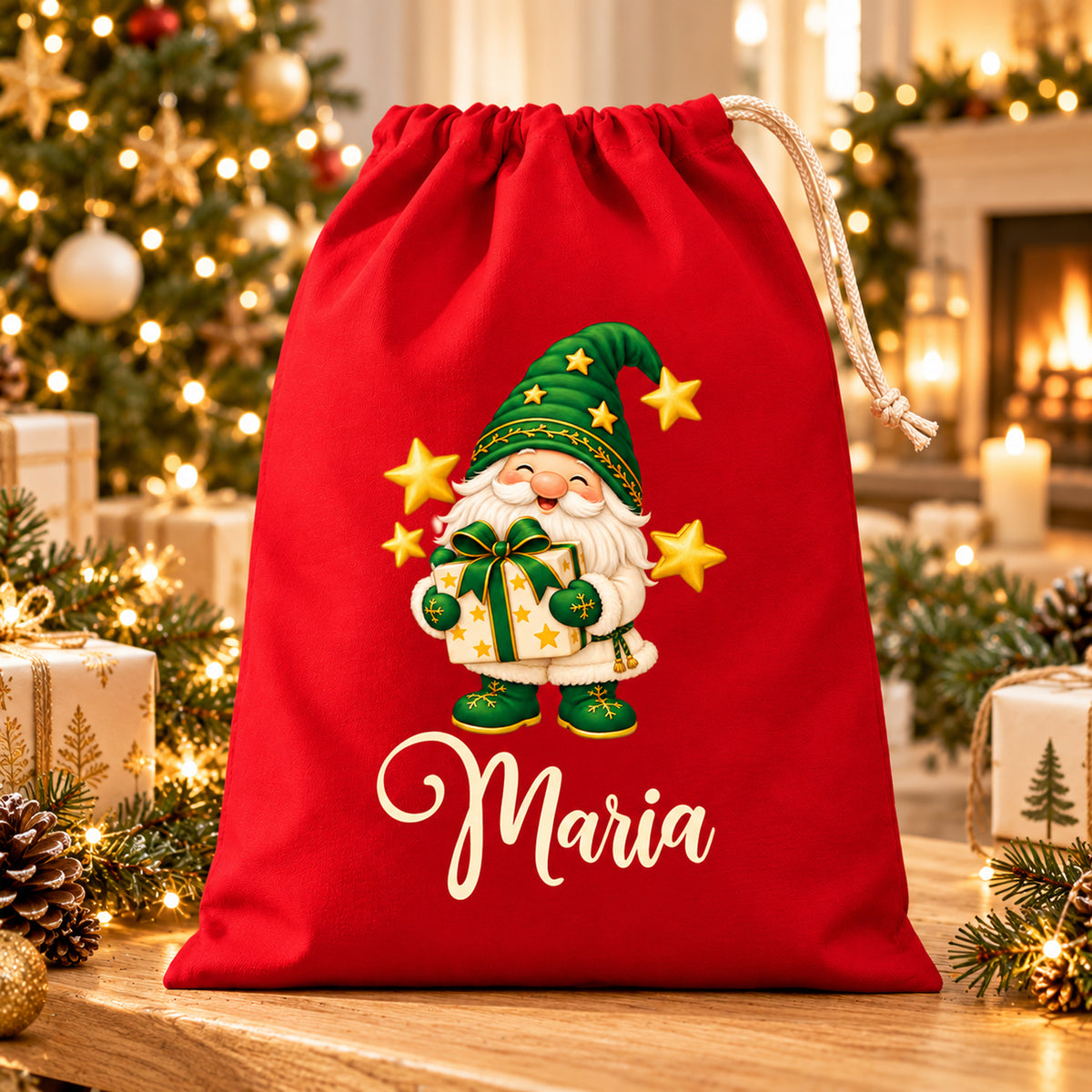 Roter Geschenkbeutel mit Weihnachtswichtel und Wunschname neben Geschenken vor einem Weihnachtsbaum.