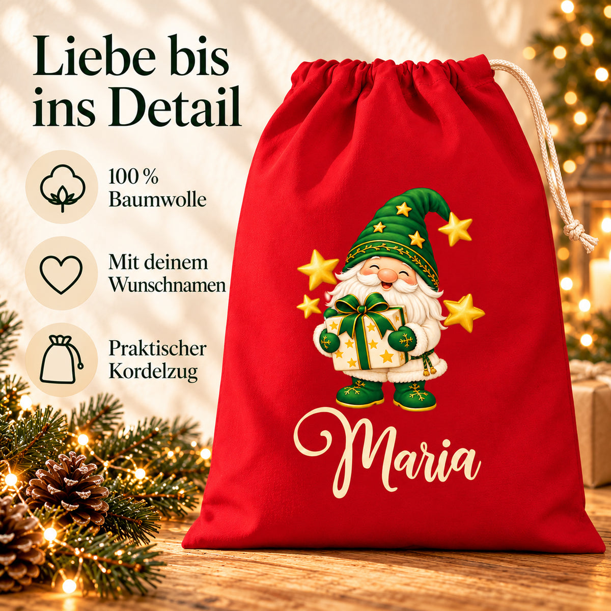 Roter Wichtelbeutel mit Wunschname und Hinweisen auf Baumwolle sowie Kordelzug.